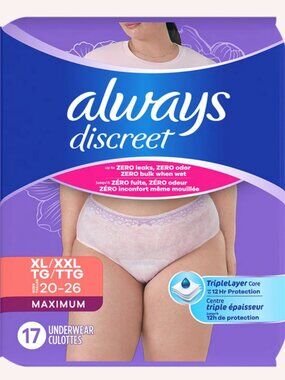 NEW & SEALED Always Discreet Maximum Protection Underwear, Size: XL  17 Ct. Pkg.